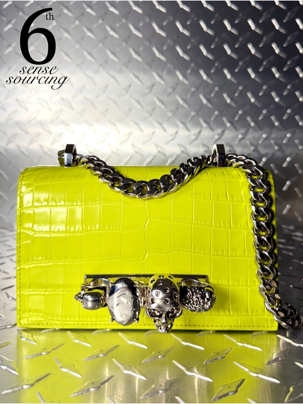 Alexander McQueen Croc Embossed Mini Knucklebuster Chain Bag in Lime Green